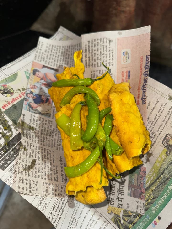Fafda with not-so-spicy chillies